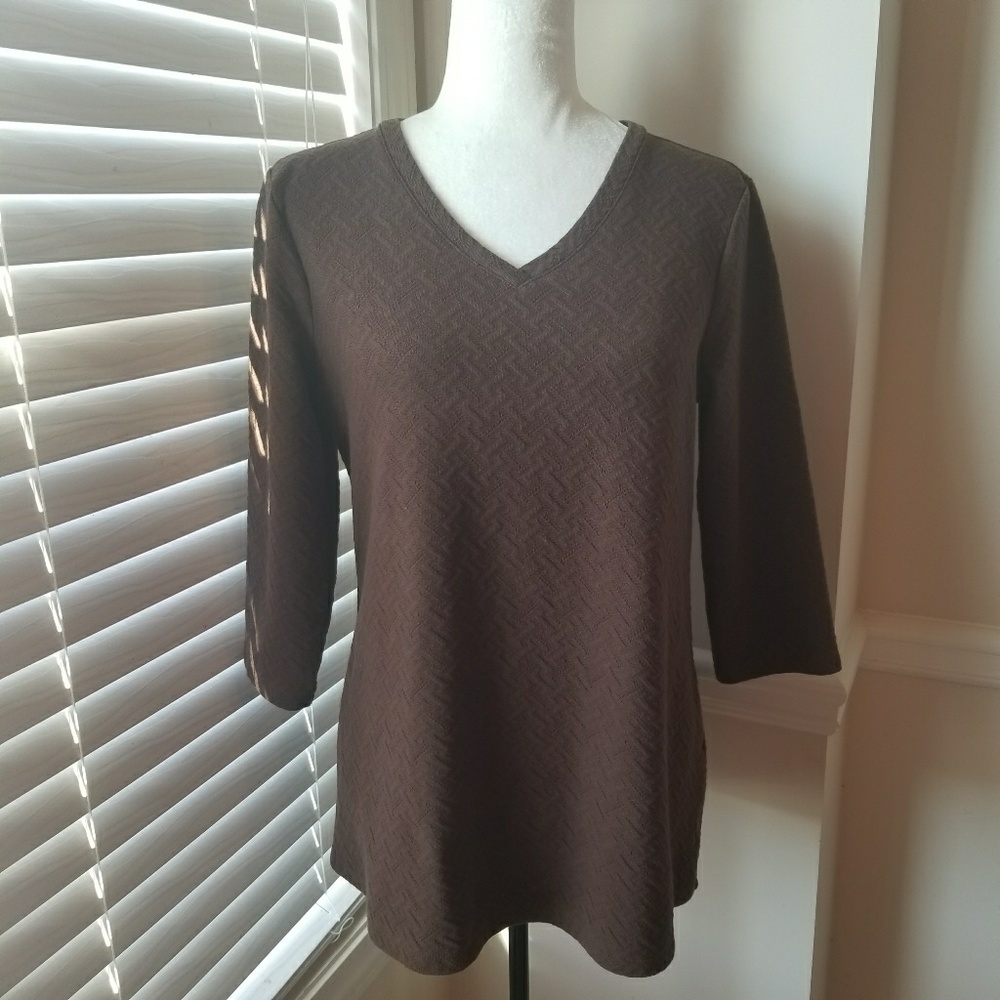 Kim Rogers Brown Three-Quarter Sleeve V-Neck Top
